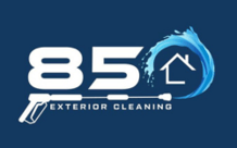 The Eight Five O Logo. The "O" is made with a circle of water flowing from a pressure washer. Below the pressure washer are the words, "Exterior Cleaning"